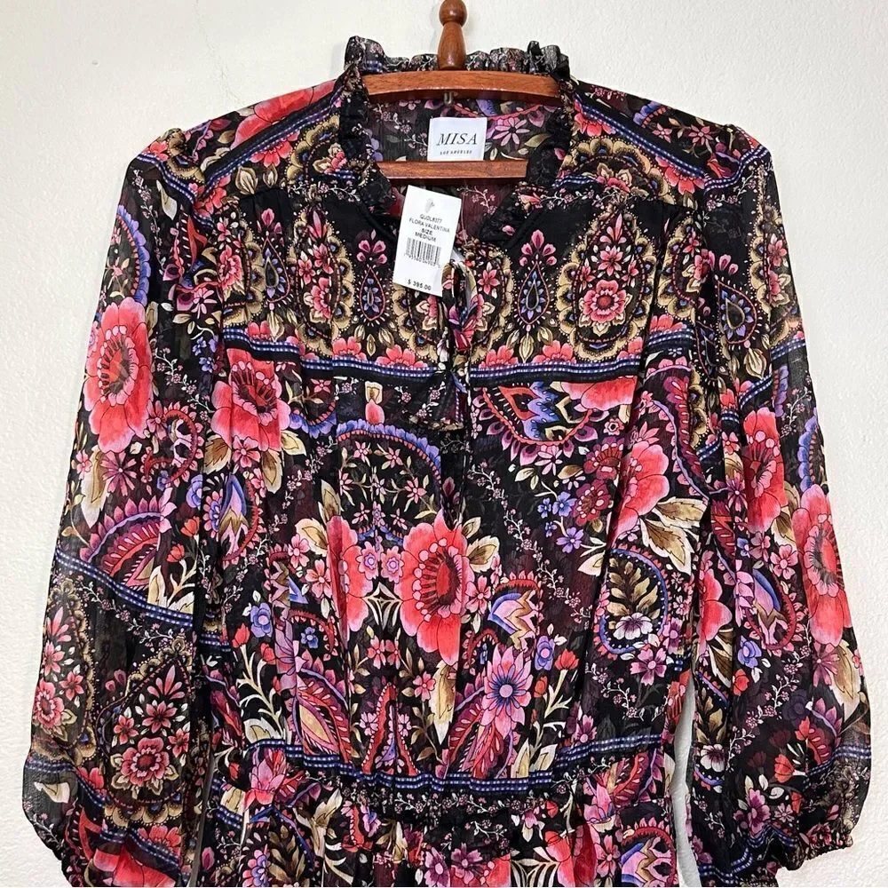 MISA Los Angeles Olivia Puff-Sleeve Floral Paisley Chiffon Midi Dress